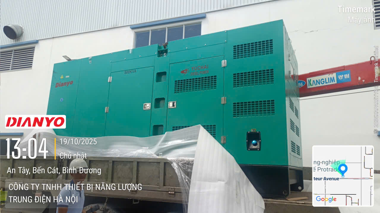 Dự án bàn giao máy phát điện Yuchai 500 kVA cho khu công nghiệp Bến Cát, Bình Dương. Trung Điện thi công trọn gói – vận hành ổn định, tiết kiệm nhiên liệu.